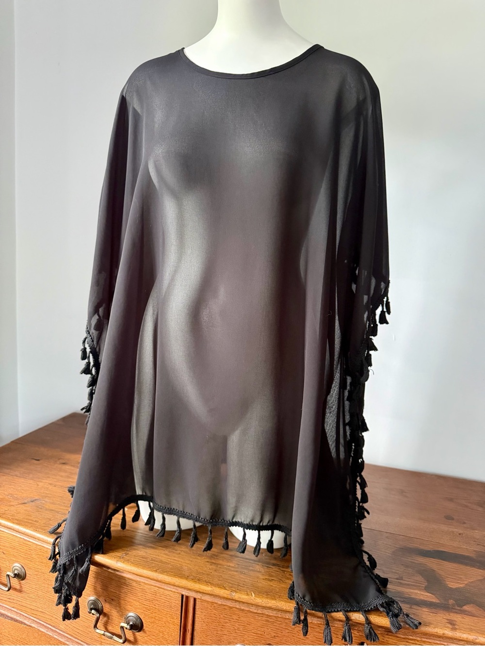Black Sheer Tassel Hem Women's Top Coverup